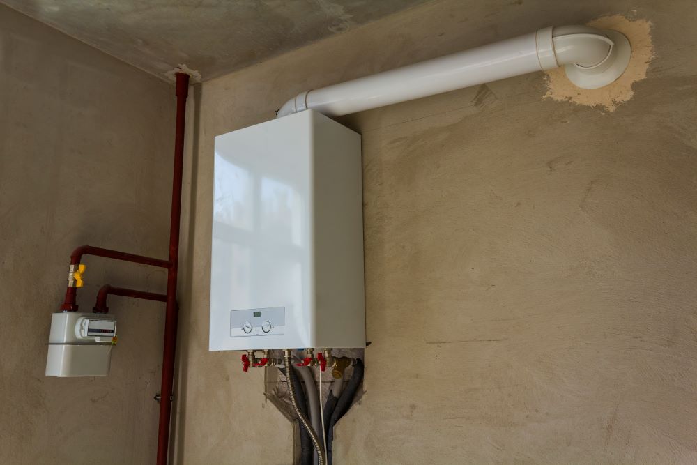 Side view of a tankless water heater in a utility room